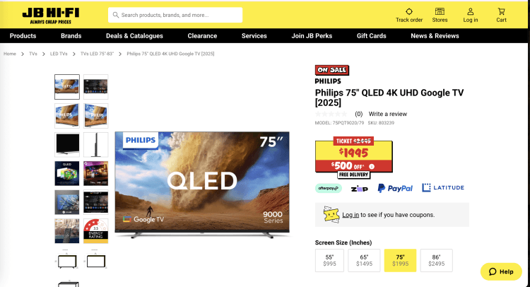 JB Hi-Fi: Philips 75″ QLED 4K UHD Google TV 2025 – was $2495, now $1995